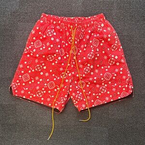Rhude Red Bandana Print Athletic Shorts with Yellow Drawstring